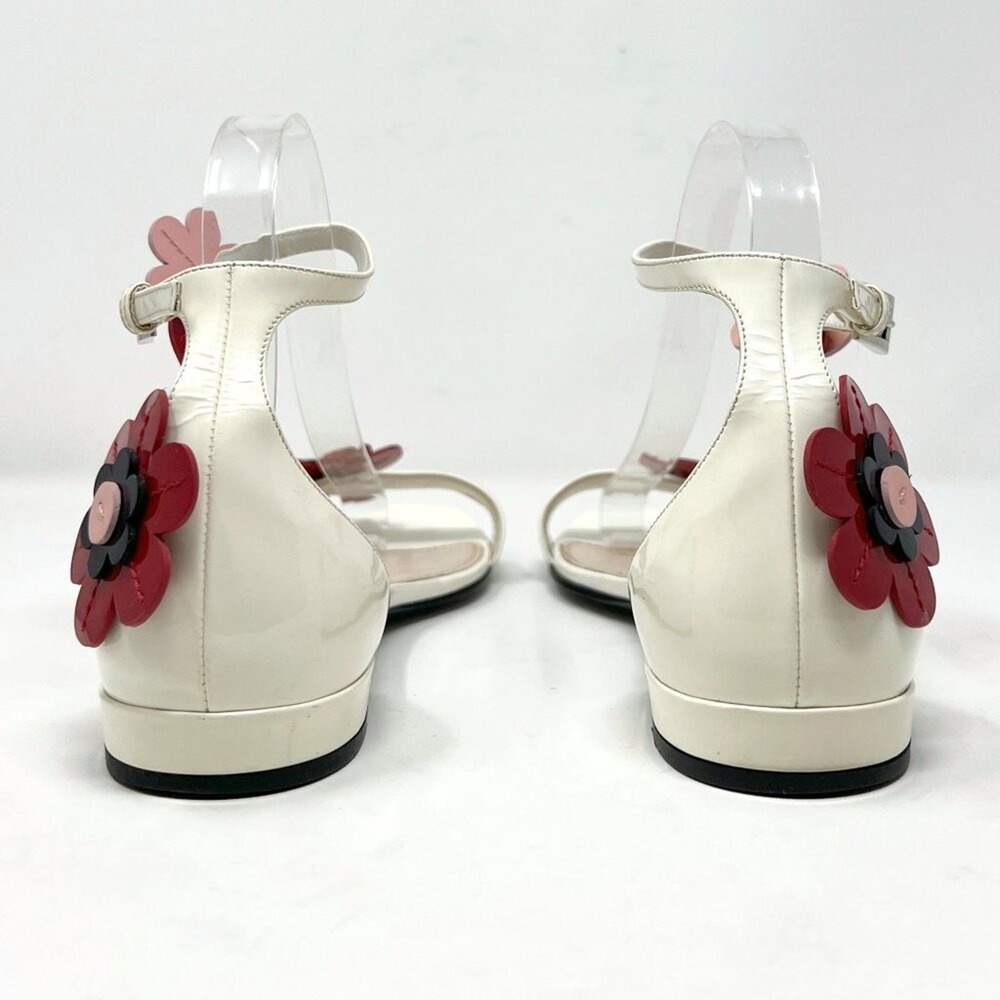 Prada Floral Sandals Patent Leather Ivory Ankle Strap Flats 39 - Picture 5 of 9